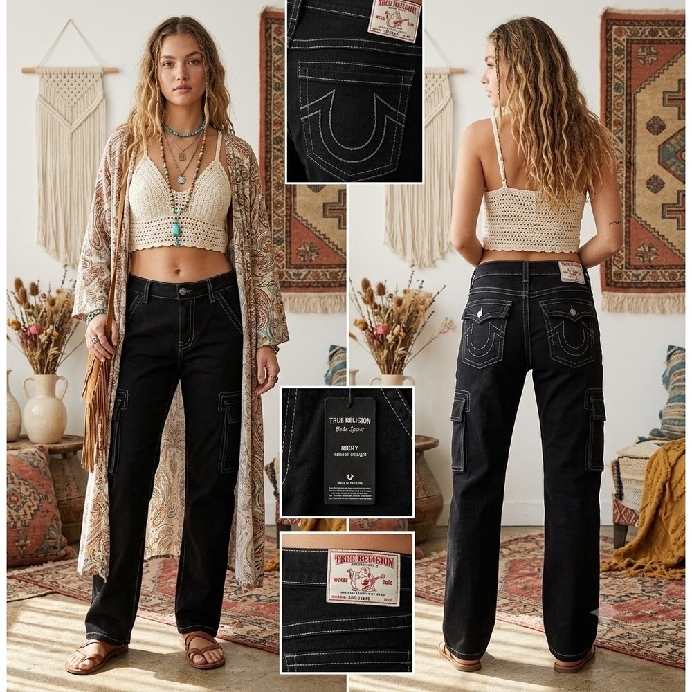 True Religion Ricky Cargo Pant Black Boho Grunge Y2K Streetwear Relaxed Straight
